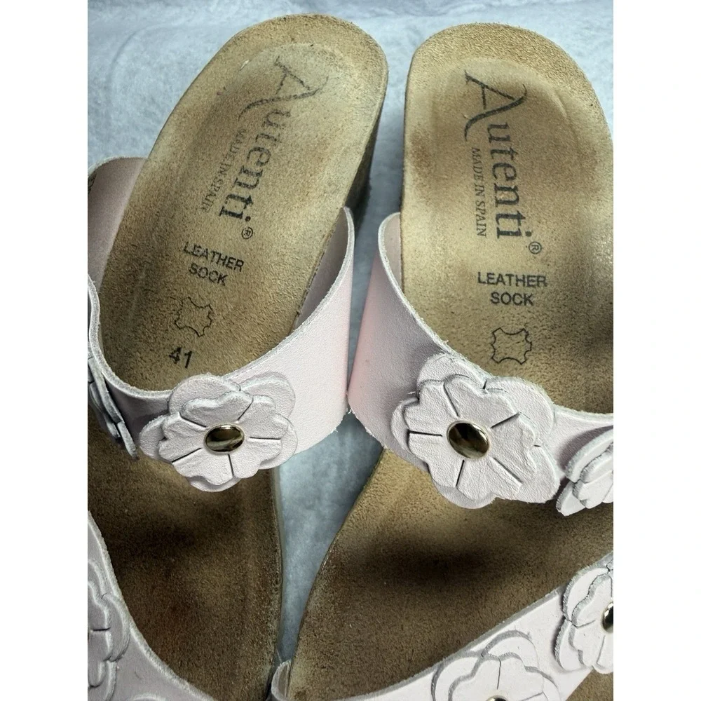 Autenti Spain Leather Floral Cork Wedge Sandals Womens EU 41/US 10 Pink Slip On